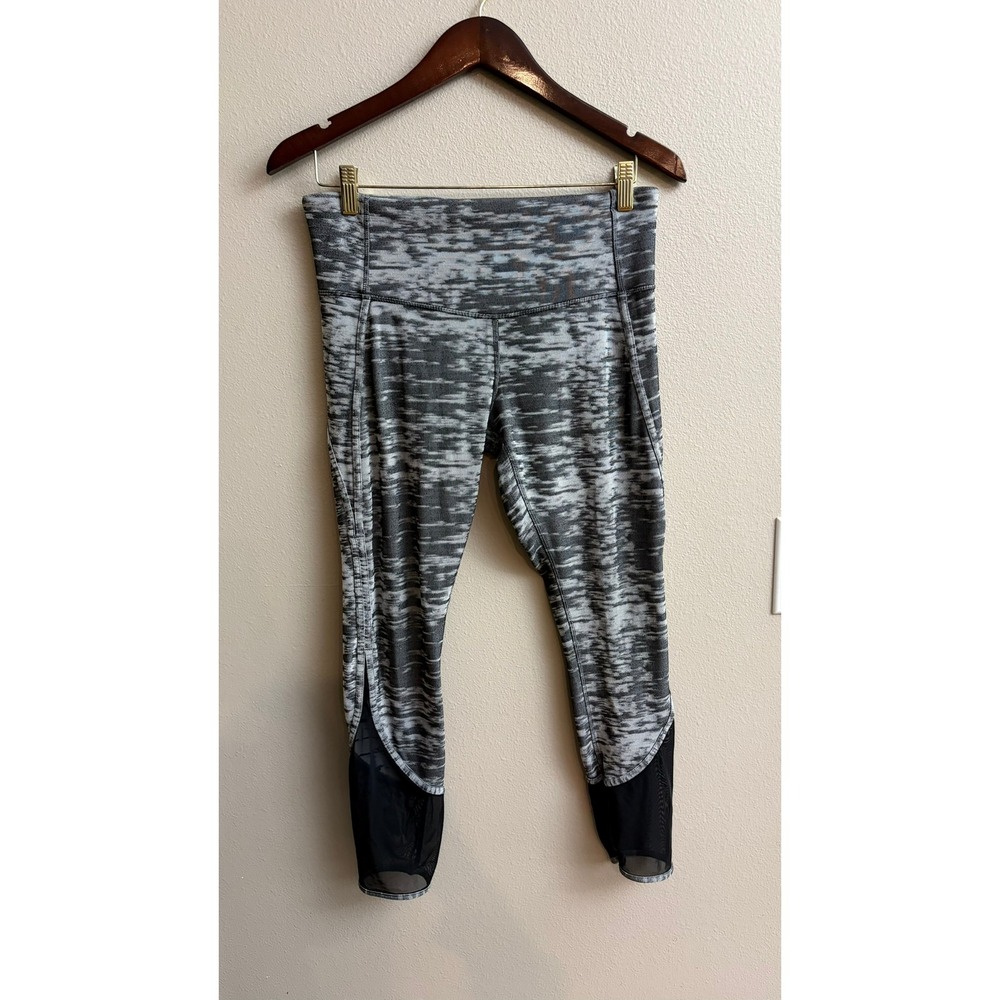 Lululemon Run Inspire Crop Leggings 6 Black White Space Dye Mesh Trim High Rise